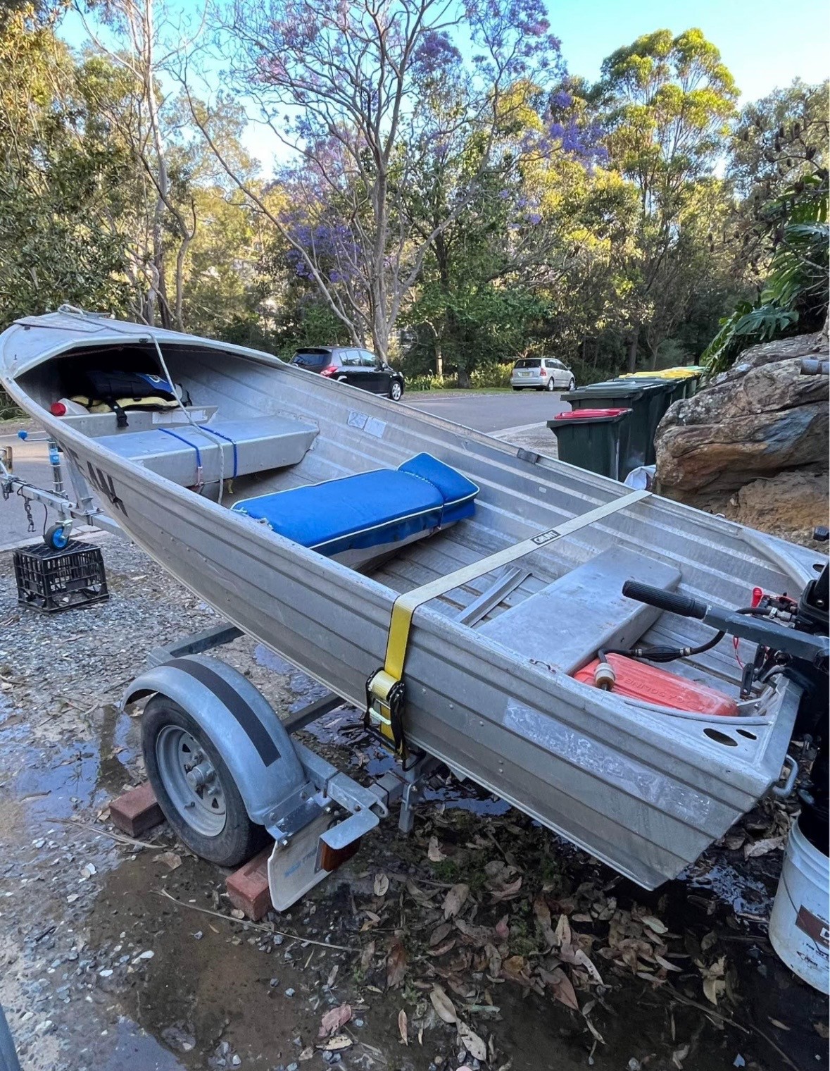 Aluminium tinnie (small row/jet boat) with trailer + outboard — pickup Pakenham