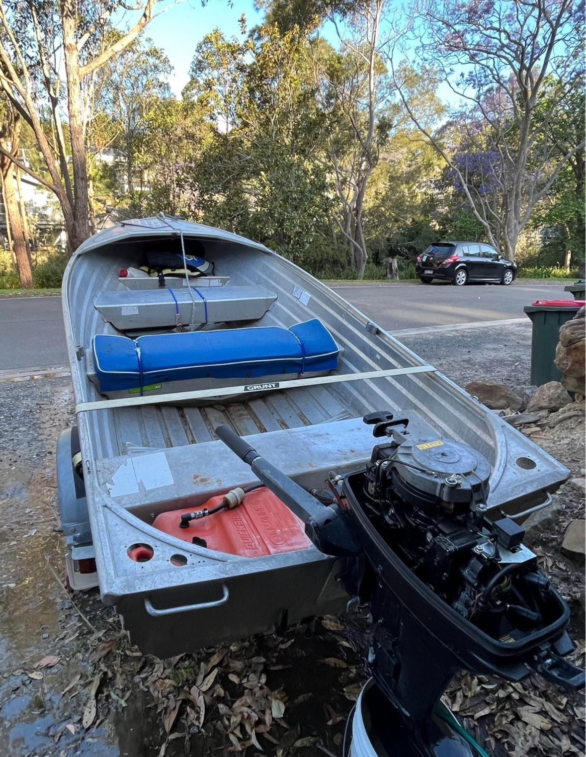 Aluminium tinnie (small row/jet boat) with trailer + outboard — pickup Pakenham