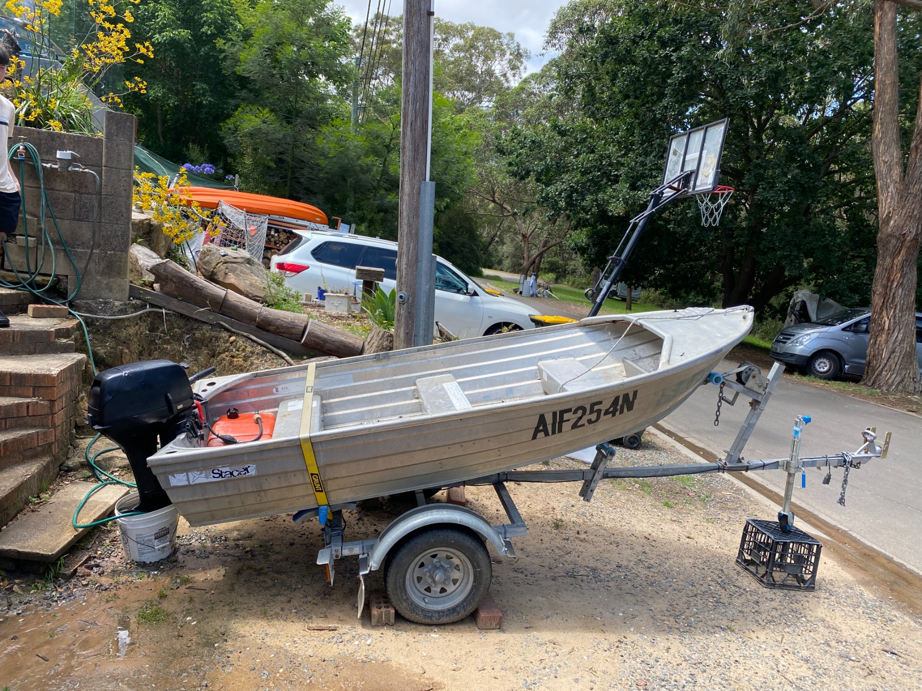 Aluminium tinnie (small row/jet boat) with trailer + outboard — pickup Pakenham